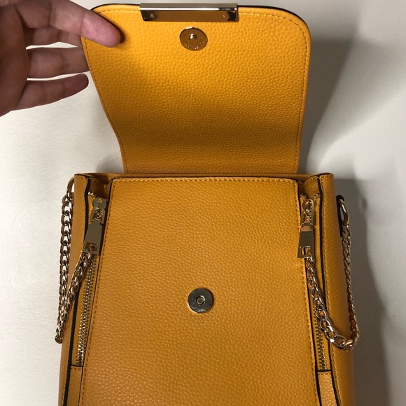 Call It Spring Golden Mustard Faux Leather & Suede Backpack Handbag Gold Chains - Picture 5 of 9